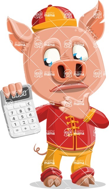 Year of the Pig Character - Vector Pig Cartoon - Year of the Pig Vector Character with a Calculator